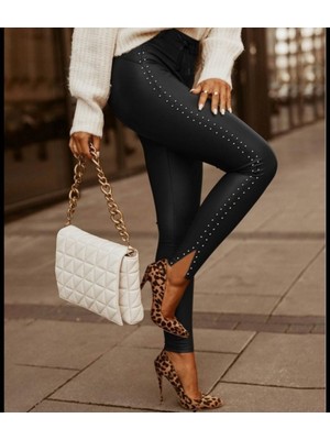 Kendim Fashion Kadın Yüksek Bel Yanlardan Incili Yırtmaçlı Uzun Deri Tayt