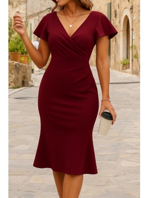 Kendim Fashion Kadın Kısa Kelebek Kollu Kruvaze Yaka Ithal Krep Midi Elbise