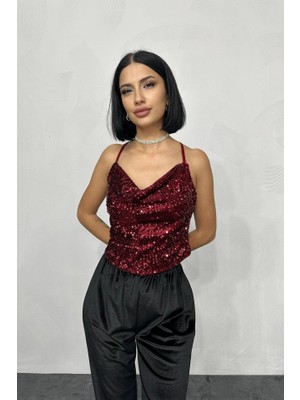 Kendim Fashion Bordo Askılı Degaje Bluz