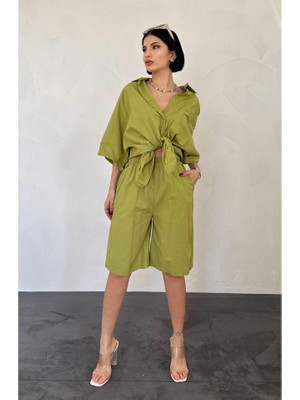 Kendim Fashion Yağ Yeşili Kısa Kollu Keten Gömlek ve Şort Takım