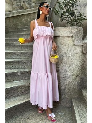 Kendim Fashion Etek Ucu Brode Nakışlı Boyundan Bağlamalı Elbise 2881