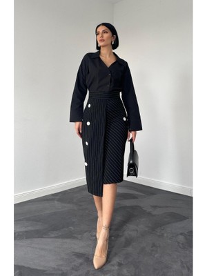 Kendim Fashion Siyah Çizgili Poliviskon Etek