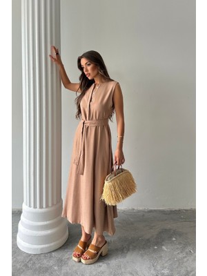 Kendim Fashion Keten Elbise Kolsuz Bel Bağlamalı Maxi Elbise - Kahverengi