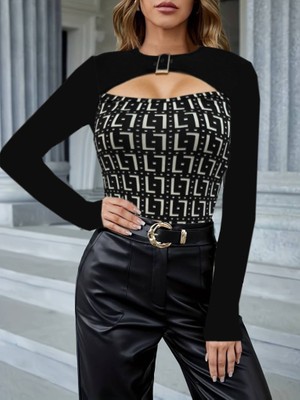 Kendim Fashion Kadın Uzun Kollu Bisiklet Yaka Göğüs Dekolte ve Toka Detay Dalgıç Bluz