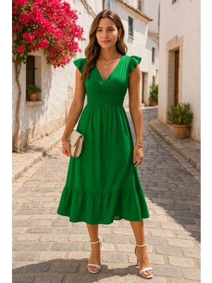 Kendim Fashion Kadın Kısa Kollu Kruvaze Yakalı Beli Lastikli Müslim Elbise