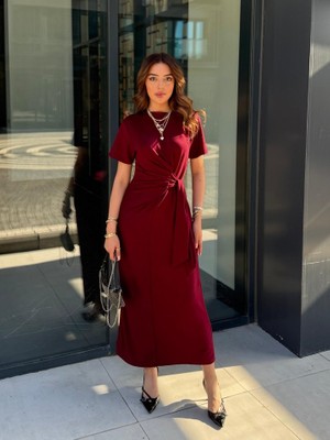 Kendim Fashion Kadın Kısa Kollu Bisiklet Yaka Yandan Bağlamalı Viskon Iki Iplik Elbise