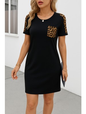Kendim Fashion Kadın Kısa Kollu Yuvarlak Yaka Cepli Leopar Desen Detaylı Viskon Elbise