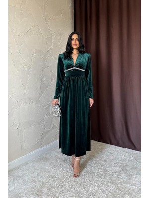 Kendim Fashion Zümrüt Göğüs Altı Taşlı Elbise