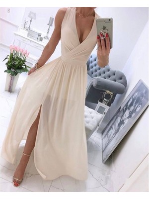 Kendim Fashion Kadın Şifon Kumaş V Yaka Sıfır Kol Maxi Boy Elbise