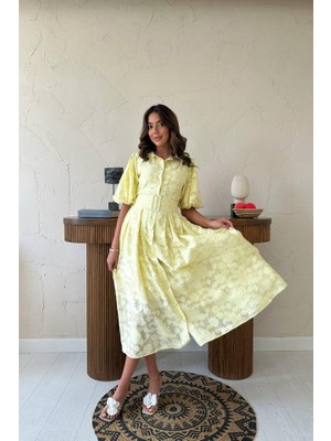 Kendim Fashion Sarı Kemerli Balon Kollu Elbise