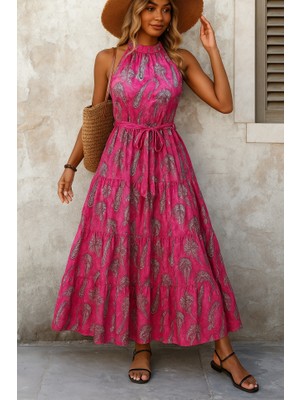 Kendim Fashion Kadın Omuzlardan Açık Boyundan Geçmeli Desenli Süprem Bluz