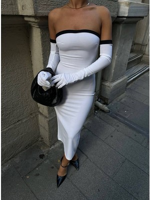 Kendim Fashion Kadın Dalgıç Kumaş Askısız Yırtmaç Detaylı Elbise