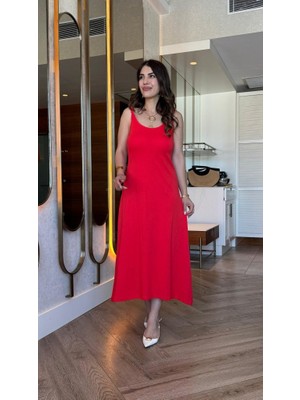 Kendim Fashion Kadın Askılı Yuvarlak Yakalı Viskon Elbise
