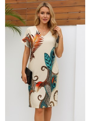 Kendim Fashion Kadın Kısa Kollu V Yakalı Desenli Mini Atlas Elbise