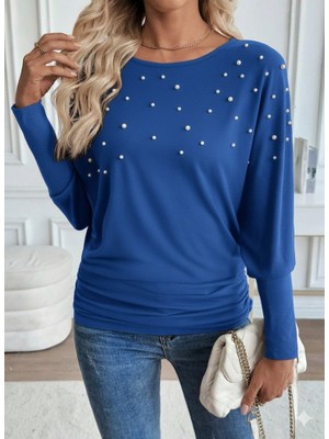 Kendim Fashion Kadın Uzun Kollu Yuvarlak Yaka Incili Viskon Bluz