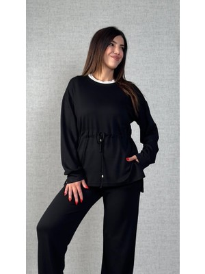 Kendim Fashion Kadın Uzun Kollu Yaka ve Büzgü Detay Tunik ve Pantolon Ikili Takım