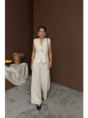 Kendim Fashion Bej Keten Yelek Pantolon Takım