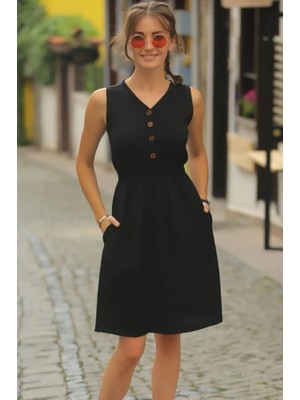 Kendim Fashion Kadın V Yakalı Önden Düğme Detay Beli Lastikli Keten Kısa Elbise
