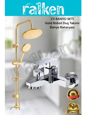Ralken 2'li Gold Banyo Batarya Duş Seti; Gold (Altın) Robot Duş Seti ve Kare Krom Banyo Bataryası - Yağmurlama Tepe Duş Takımı