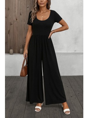 Kendim Fashion Kadın Kısa Kollu Yuvarlak Yaka Geniş Paçalı Bürümcük Tulum