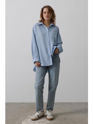 Kendim Fashion Çizgili Tek Cep Gömlek - Bebe Mavisi