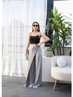 Kendim Fashion Keten Önü Çapraz Parçali Lasti̇kli̇ ve Bağcikli Geni̇ş Paça Pantolon