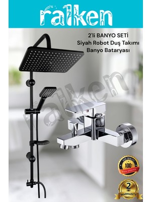 Ralken 2'li Siyah Banyo Batarya Duş Seti; Siyah Robot Duş Seti ve Kare Krom Banyo Bataryası - Yağmurlama Tepe Duş Takımı