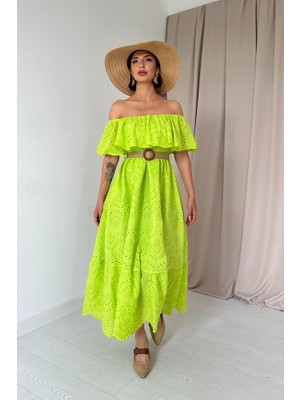 Kendim Fashion Yağ Yeşili Omzu Lastikli Brode Elbise