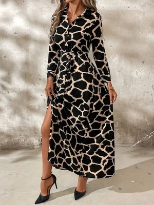 Kendim Fashion Kadın Uzun Kollu Yakalı Önü Düğmeli Desenli Belden Kuşaklı Uzun Süprem Elbise