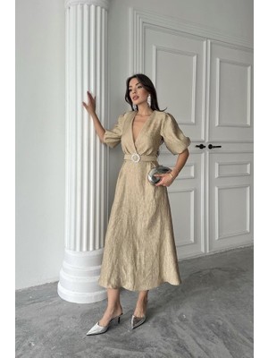 Kendim Fashion Gold Işıltılı Kemerli Kruvaze Elbise