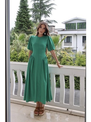 Kendim Fashion Yeşil Arkadan Bağlamalı Büzgülü Keten Elbise