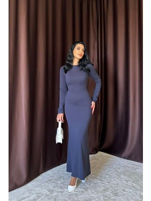 Kendim Fashion Lacivert Vücudu Saran Uzun Elbise