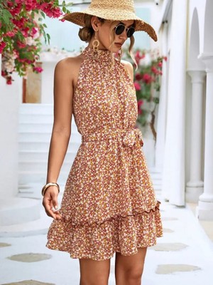 Kendim Fashion Kadın Eteği Volanlı Halter Yaka Süprem Elbise