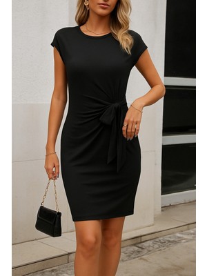 Kendim Fashion Kadın Kısa Kap Kollu Bisiklet Yaka Belden Bağlamalı Modal Mini Elbise