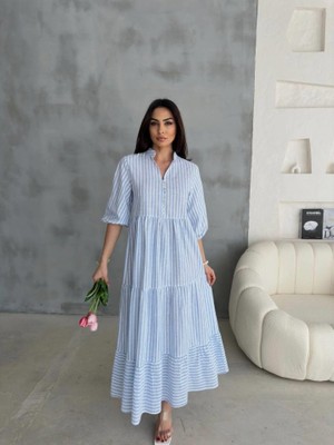 Kendim Fashion Çizgili Keten Hakim Yaka Düğmeli Salaş Elbise - Mavi