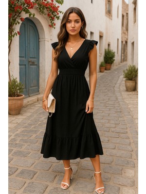 Kendim Fashion Kadın Kısa Kollu Kruvaze Yakalı Beli Lastikli Müslim Elbise