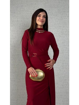 Kendim Fashion Kadın Balıkçı Yaka Toka Detay Sandy Kumaş Midi Boy Elbise