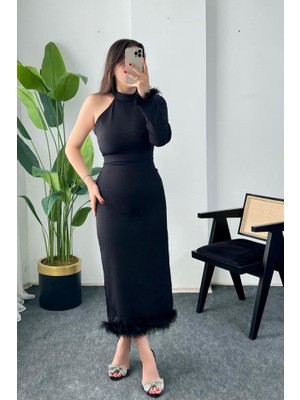Kendim Fashion Siyah Eteği Tüllü Tek Kol Elbise