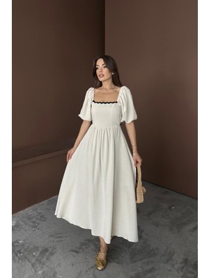 Kendim Fashion Bej Arkası Bağlamalı Keten Elbise