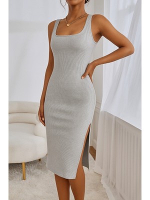 Kendim Fashion Kadın Askılı Kare Yaka Yandan Yırtmaçlı Midi Kaşkorse Elbise