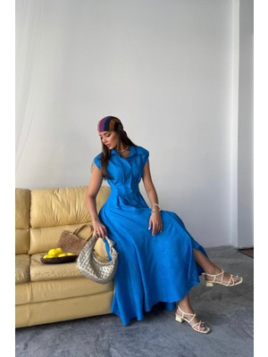 Kendim Fashion Jakarlı Keten Elbise Önden Yırtmaçlı Cepli - Saks