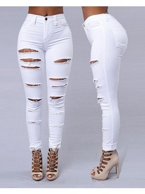 Kendim Fashion Kadın Yüksek Bel Lazer Yırtık Desenli Kot Pantolon