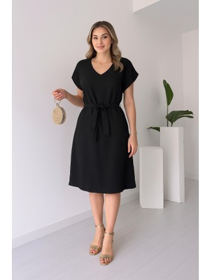 Kendim Fashion Kadın Kısa Kollu V Yakalı Beli Kuşaklı Ithal Keten Elbise
