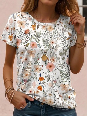 Kendim Fashion Kadın Kısa Kollu Bisiklet Yaka Çiçek Desenli Viskon Bluz