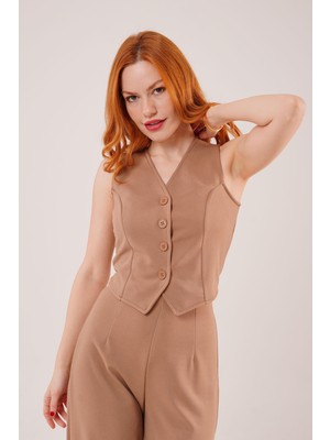 Kendim Fashion Önü Düğmeli Camel Yelek