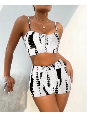 Kendim Fashion Kadın Büzgü Detay Askılı Crop Mini Tayt Ikili Takım