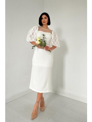 Kendim Fashion Beyaz Incili Tül Detay Elbise