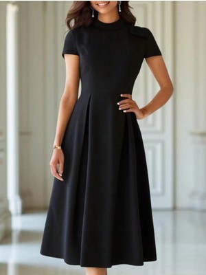 Kendim Fashion Kadın Kısa Kollu Yarı Balıkçı Yaka Pileli Janjan Krep Midi Elbise