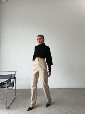 Kendim Fashion Deri Pantolon Diz Parçalı - Taş