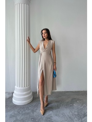 Kendim Fashion Kruvaze Vatkalı Kolsuz Elbise Modal Kumaş - Bej